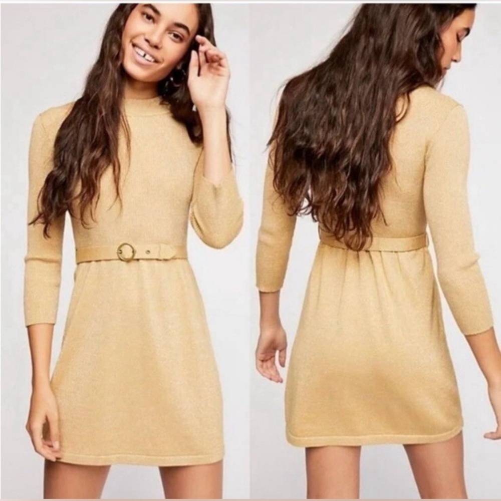 Free People French Girl Gold Metallic Mini Dress